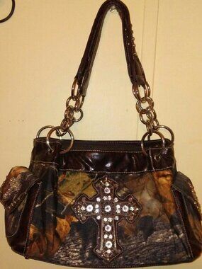 NWOT Y2K CAMO BLING PURSE DOUBLE RHINESTONE CROSS SHOULDER BAG
